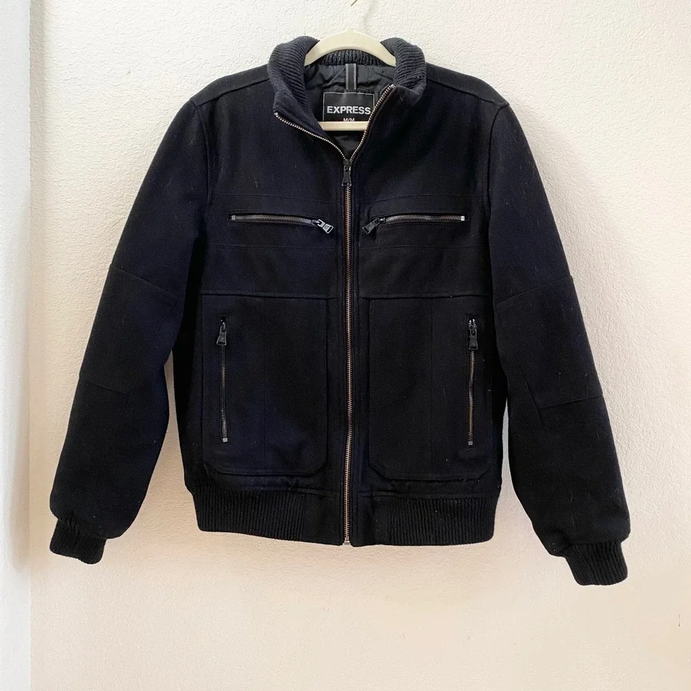 EXPRESS Mens Bomber Jacket‎ Black Wool Blend Zip Front Pockets M Medium